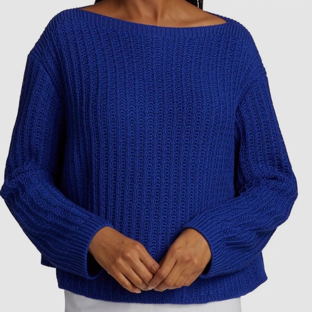 Lafayette 148 New York Blue Silk Cotton Sweater, Relaxed Fit